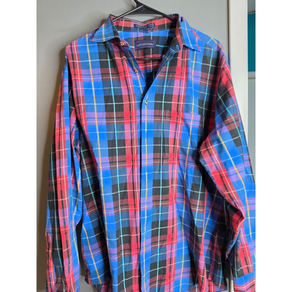 Carl Michaels Mens Large Plaid Button Down Shirt Blue Red Long Sleeve Pocket